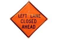 Picture of Sign and Safety Equipment 36" Orange "Left/Right Lane Closed Ahead" Roll-Up Sign