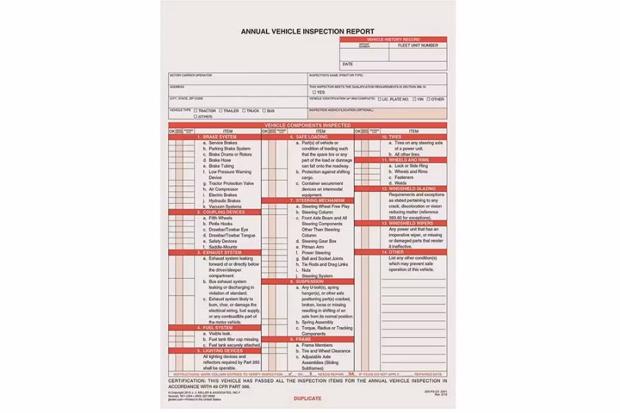 Picture of JJ Keller Annual Vehicle Inspection Report Form