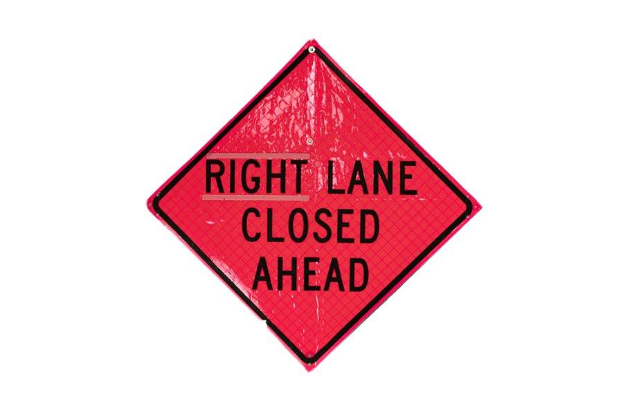 Picture of Sign and Safety Equipment Pink Retroreflective Vinyl "Right / Left Lane Closed Ahead" Roll-Up Sign