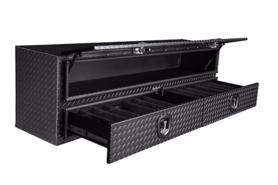 Picture of Buyers Topsiders Textured Matte Black Diamond Tread Aluminum HD Flatbed Contractor w/Lower Drawers
