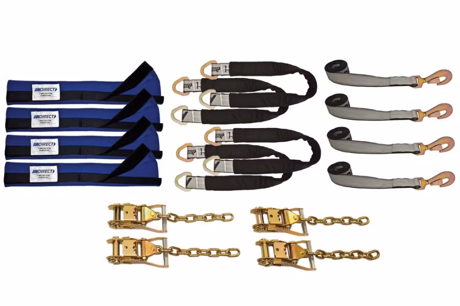 Picture of AW Direct 4-Point Tie-Down Kit, Axle Straps, Straps w/ Twisted Snap Hooks and 
Ratchets with Chain