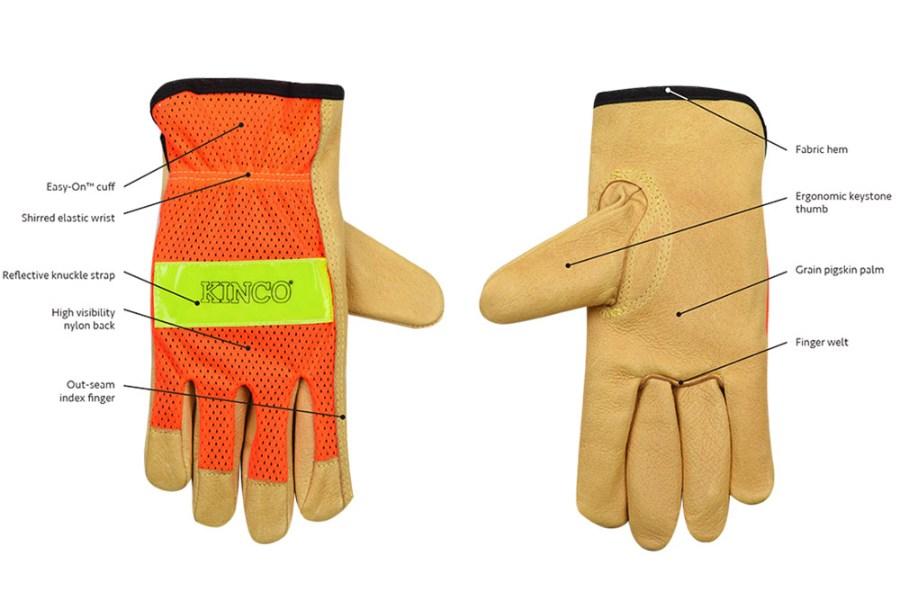 Picture of Kinco Hi-Vis Unlined Mesh Back Grain Pigskin Leather Driver Gloves Lime orOrange