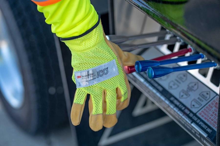 Picture of Kinco Hi-Vis Unlined Mesh Back Grain Pigskin Leather Driver Gloves Lime orOrange