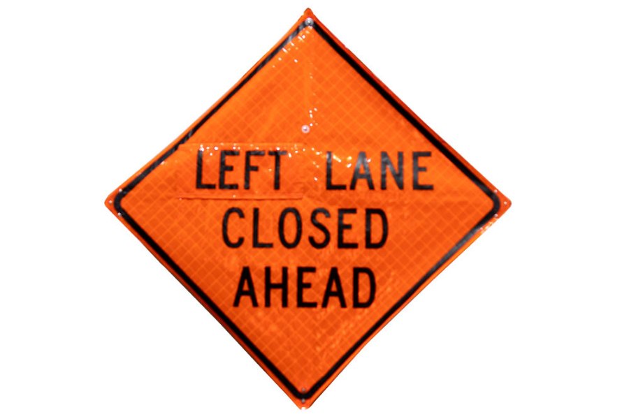 Picture of Sign and Safety Equipment 36" Orange "Left/Right Lane Closed Ahead" Roll-Up Sign