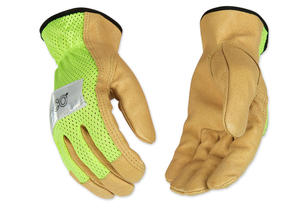 Picture of Kinco Hi-Vis Unlined Mesh Back Grain Pigskin Leather Driver Gloves Lime or
Orange