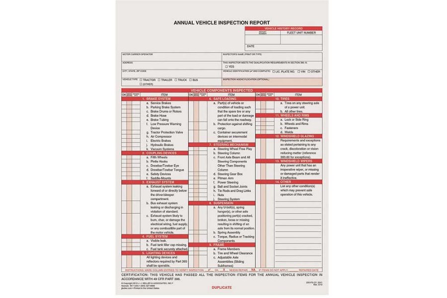 Picture of JJ Keller Annual Vehicle Inspection Report Form