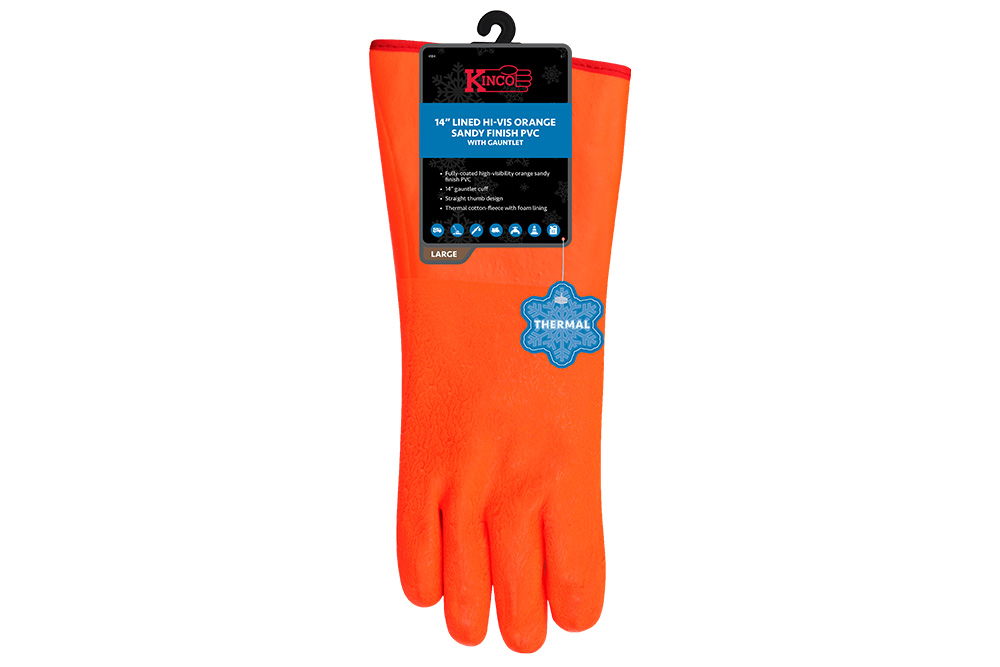 Picture of Kinco 14" Lined Hi-Vis Orange Sandy Finish PVC w/ Gauntlet Cuff Gloves