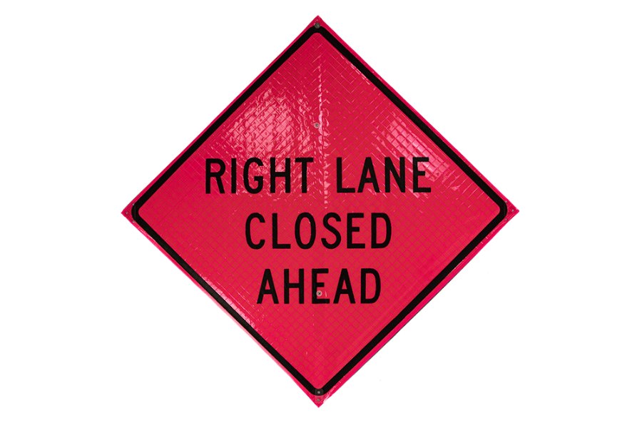 Picture of Sign and Safety Equipment Pink Retroreflective Vinyl "Right / Left Lane Closed Ahead" Roll-Up Sign
