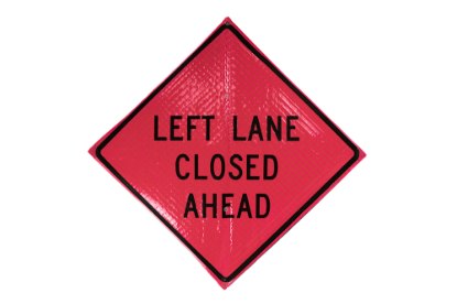 Picture of Sign and Safety Equipment Pink Retroreflective Vinyl "Left Lane Closed Ahead" Roll-Up Sign
